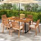 Acacia wood dining table for 6 with slatted top, sturdy metal frame, and umbrella hole, perfect for outdoor dining.