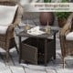 Square outdoor side table in brown PE wicker with inner storage space, featuring a 1.93" umbrella hole for patio use.