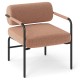 Velvet upholstered accent chair with cylindrical backrest and metal armrests, ideal for living room or home office.