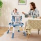 Baby high chair in celadon with adjustable height, activity center, and 5-point harness for safe feeding and play.