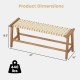 Teak wood patio bench with weave seat, 47 inches long, 19.5 inches seat height, ideal for outdoor spaces.