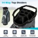 14-way top dividers in a gray golf cart bag for organized club storage and protection, featuring a lightweight design.