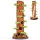 Tall brown cat tree with private condos, sisal scratching panel, and multiple platforms for indoor feline play.