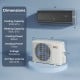 GreyVolt Series 9100 BTU mini split AC with dimensions, features WiFi control, and efficient cooling for rooms up to.
