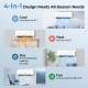 Mini split air conditioner showing 4-in-1 functions: cooling, heating, dehumidifying, and fan for year-round comfort.