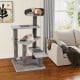 Cat tree with three platforms, sisal scratching posts, and plush fabric, perfect for lounging and climbing.
