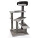 Tall gray cat tree with cozy top perch, sisal scratching posts, and playful dangling balls for multi-pet fun.