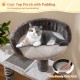 Cozy top perch with thick padding on a gray cat tree, perfect for lounging and overlooking for playful cats.