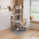 Tall gray cat tree with cozy perch, scratching posts, and playful balls, perfect for multi-pet climbing and lounging.