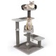 Tall gray cat tree featuring three platforms, sisal scratching posts, and a cozy top perch for lounging and play.