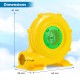 Yellow 980W bounce house blower with dimensions 41 cm height, 43 cm width, and 25 cm depth for quick inflation.