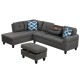 L-shaped 98-inch sectional sofa in gray linen with movable storage ottoman and two cup holders for convenient.