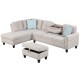 L-shaped sectional sofa with movable storage ottoman, linen fabric, and cup holders for comfortable seating for four.