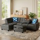 L-shaped 98-inch sectional sofa with movable storage ottoman, gray linen fabric, and comfy pillows for cozy seating.
