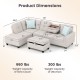 L-shaped sectional sofa with movable storage ottoman, linen fabric, and dimensions for spacious seating and comfort.