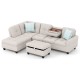L-shaped sectional sofa with movable storage ottoman, linen fabric, and foldable tray for convenient coffee access.