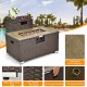 Brown 32"x20" propane rattan fire pit table with side tank holder, adjustable feet, and waterproof cover for outdoor.