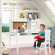 Kids desk and chair set in white with hutch and bookshelves, ideal for study and organization in small spaces.