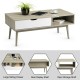 Gray coffee cocktail accent table featuring a large drawer and open storage shelf, perfect for living room organization.