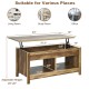 Lift top coffee table in natural finish with hidden storage and lower shelf, adjustable height for versatile use.