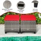 Set of two patio rattan wicker ottomans with red removable cushions, featuring weather-resistant PE rattan and.