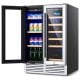 24-inch dual zone wine and beverage cooler with glass doors, holding 18 wine bottles and 57 cans, ideal for home or pub.
