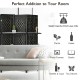 6 panel black room divider with hand-woven fiber and 2 display shelves, perfect for creating private space in any room.
