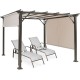 Metal frame patio gazebo with beige retractable canopy and two lounge chairs, perfect for outdoor relaxation and.