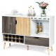 Mid-century buffet sideboard in white and wood, featuring wine rack, glass holder, and spacious storage for kitchen or.