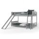 Twin over twin gray wooden bunk bed with slide ladder, featuring sturdy frame and safety guardrails for kids.