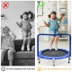Kids jumping on a 36" blue trampoline with a padded cover and safety handrail for safe indoor fun and energy release.