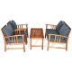4-piece wooden patio furniture set with soft cushions, featuring a table and two chairs, perfect for outdoor relaxation.