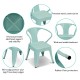 Green stackable kids chair with ergonomic backrest, premium steel construction, and rubber floor protectors for safety.