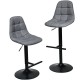 Adjustable gray bar stools with linen seats and T-shaped footrests, perfect for kitchens and cafes.