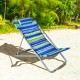 Portable blue beach chair with adjustable backrest and headrest, perfect for outdoor relaxation and easy to fold.