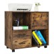 Mobile file cabinet in brown with printer stand, drawers, and open shelves on wheels for versatile office storage.