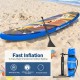 Inflatable stand-up paddle board in blue with aluminum paddle, designed for stability and water activities like yoga.