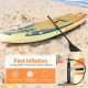 Inflatable stand-up paddle board with non-slip deck, aluminum paddle, and hand pump, ideal for water activities.
