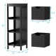 Black wooden floor cabinet with three shelves and two drawers, ideal for bathroom or living room storage solutions.