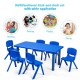 Blue stackable kids' classroom chairs, made of durable plastic, ideal for indoor and outdoor use in various activities.