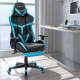 Reclining racing chair in blue with lumbar support, footrest, and adjustable armrests for gaming and comfort.