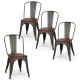Set of 4 stackable metal dining chairs in dark green with wooden seats, ideal for dining rooms and kitchens.