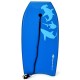 Lightweight blue bodyboard with EPS core, XPE deck, and crescent tail, ideal for surfing at the beach or pool.