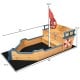 Wooden pirate boat sandbox for kids with benches, storage space, and flag, perfect for outdoor play and imagination.