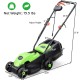 13-inch electric push lawn mower with adjustable height, ergonomic handle, and grass bag for efficient yard maintenance.