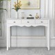Elegant white side sofa table showcasing a glossy surface and three drawers, ideal for stylish entryway organization.