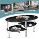 Elegant oval side coffee table in black tempered glass with chrome legs, featuring two bottom shelves for added storage.