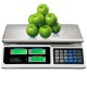 Electronic price computing scale with green apples, featuring dual LCD screens and a durable stainless steel top.