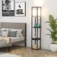 Modern floor lamp with shelves and drawer, featuring a white lampshade, USB ports, and a compact vertical design for.