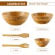Bamboo salad bowl set including a big bowl, four middle bowls, and utensils for serving salads and snacks.